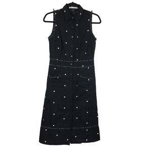 Nikki Valentine Polka Dot Sleeveless Collared Button Down Midi Dress Black S